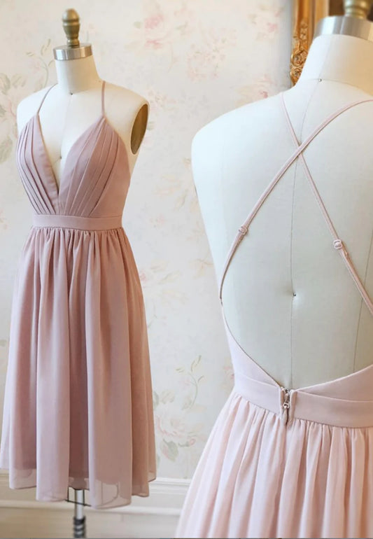 Pink V-Ncek Chiffon Prom Dresses, A-Line Backless Short Dresses TP757