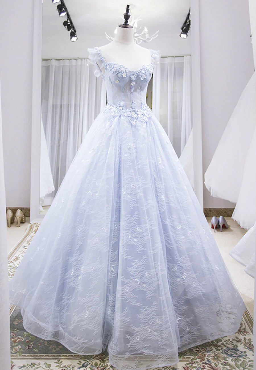 Light Blue Tulle Lace Long Prom Dress, A-Line Graduation Dress TP769