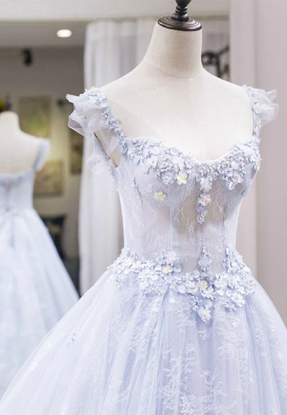 Light Blue Tulle Lace Long Prom Dress, A-Line Graduation Dress TP769