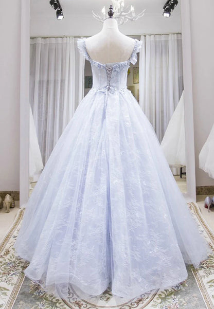 Light Blue Tulle Lace Long Prom Dress, A-Line Graduation Dress TP769