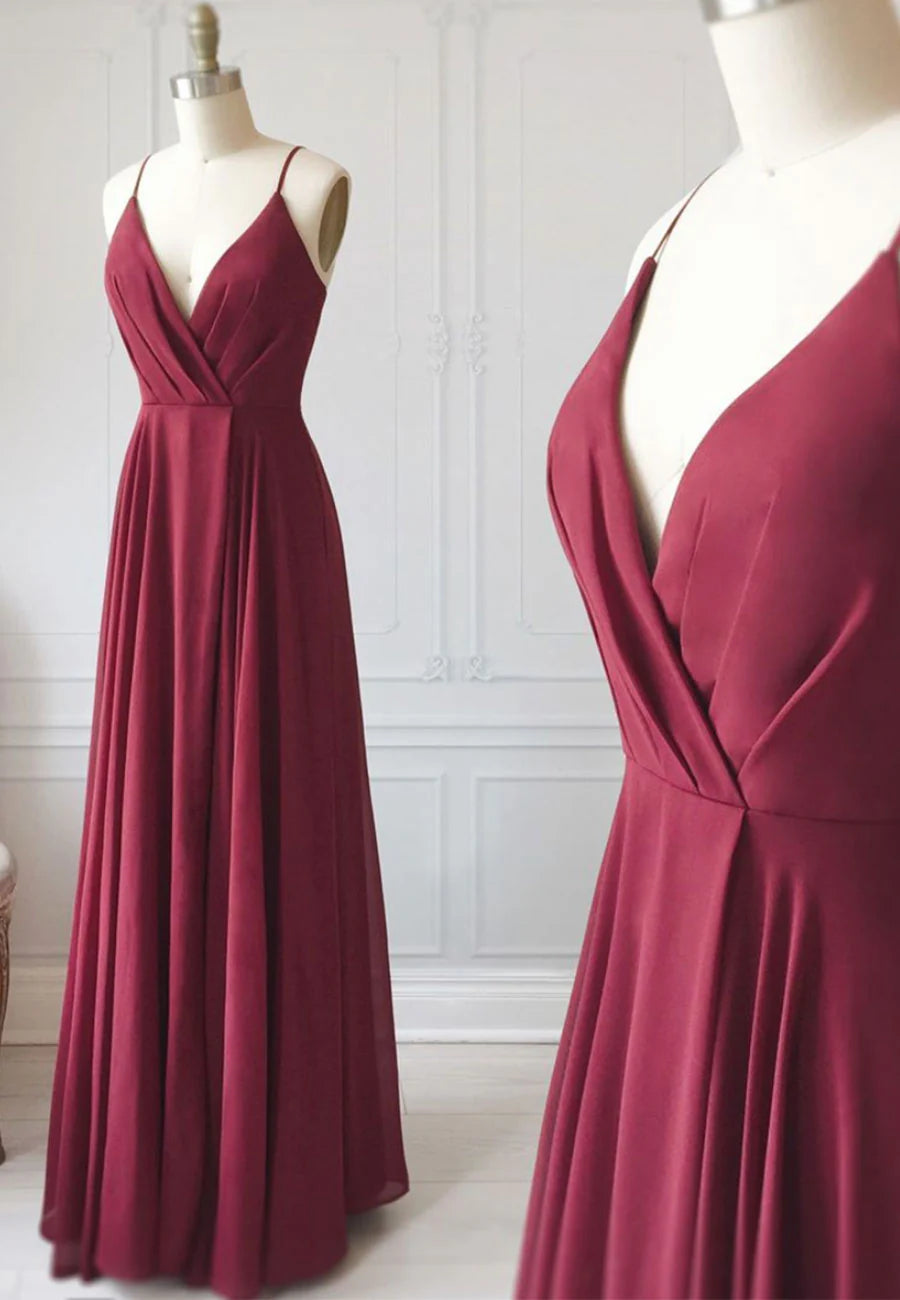 Burgundy Chiffon Long Prom Dress, Simple V-Neck Evening Dress TP770