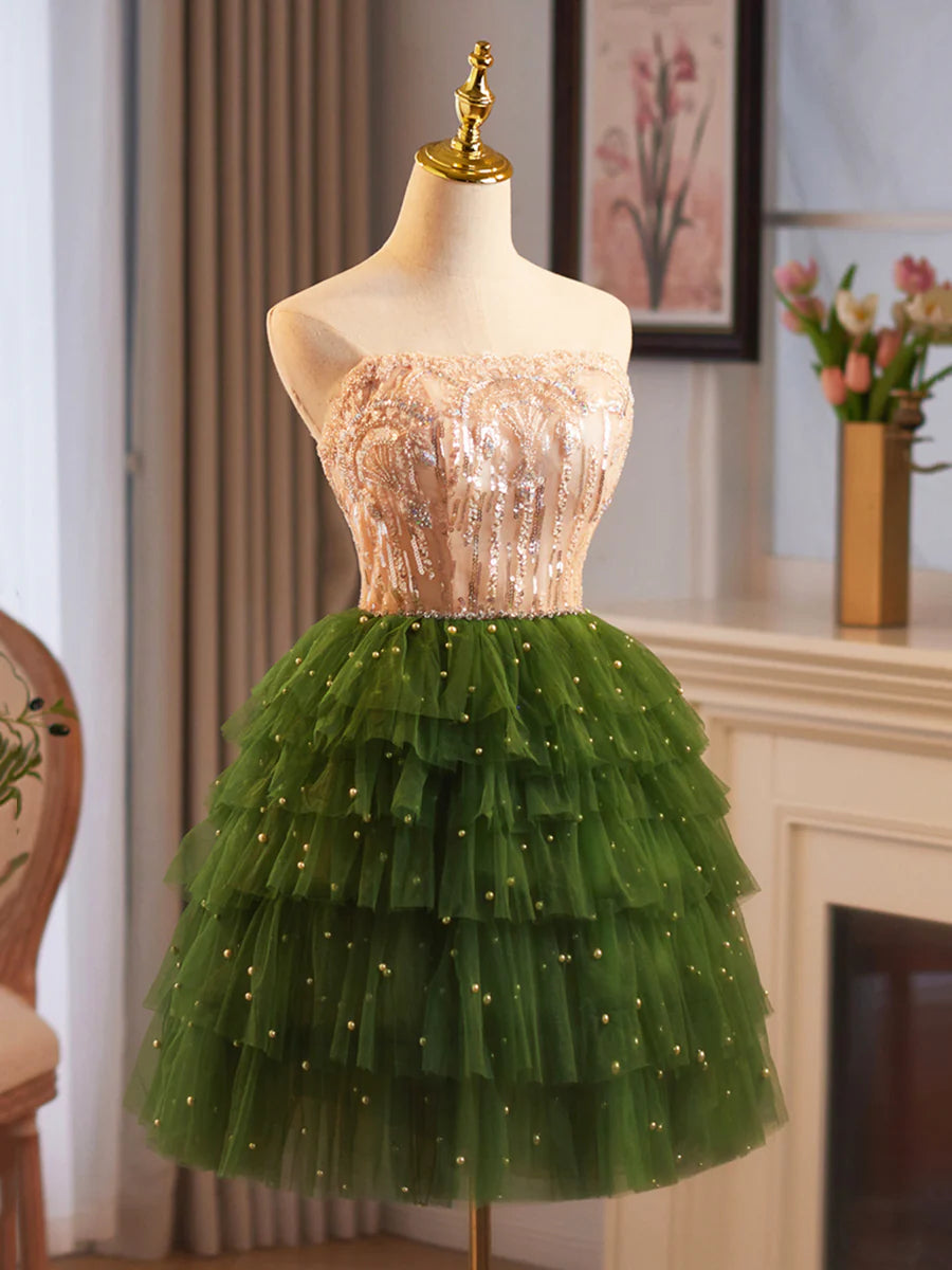 Green Tulle Layer Knee Length Prom Dress, A-Line Strapless Evening Party Dress TP774