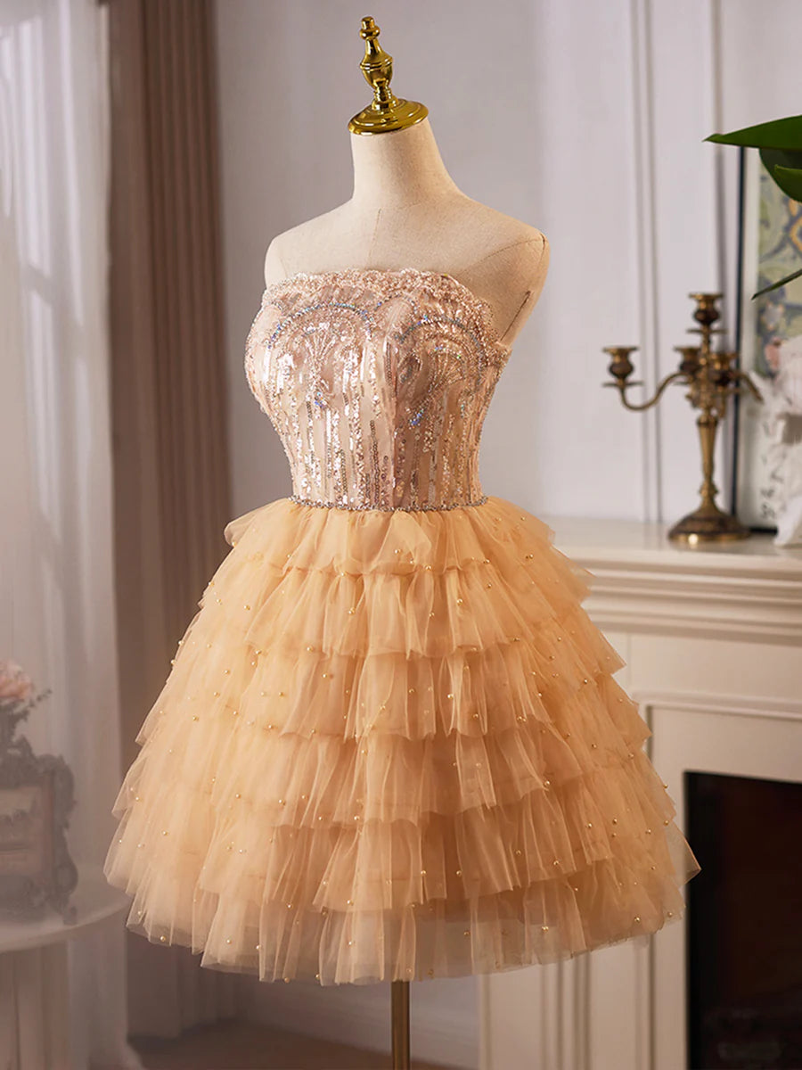 Lovely Tulle Layer Knee Length Prom Dress, A-Line Strapless Evening Party Dress TP775