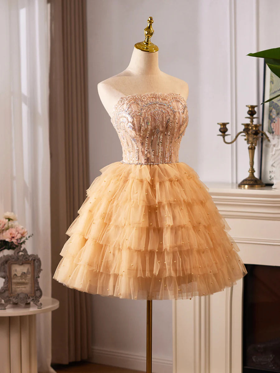 Lovely Tulle Layer Knee Length Prom Dress, A-Line Strapless Evening Party Dress TP775