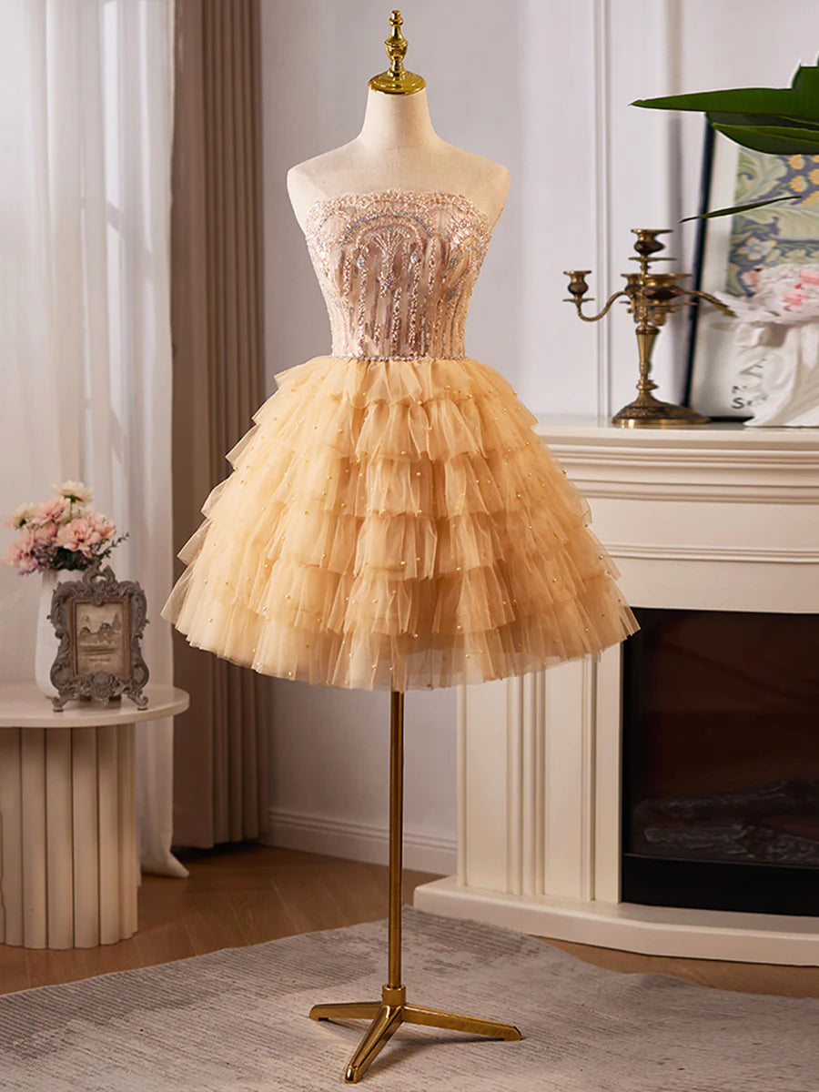 Lovely Tulle Layer Knee Length Prom Dress, A-Line Strapless Evening Party Dress TP775