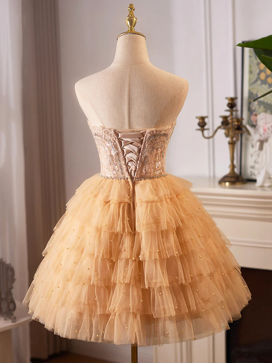 Lovely Tulle Layer Knee Length Prom Dress, A-Line Strapless Evening Party Dress TP775