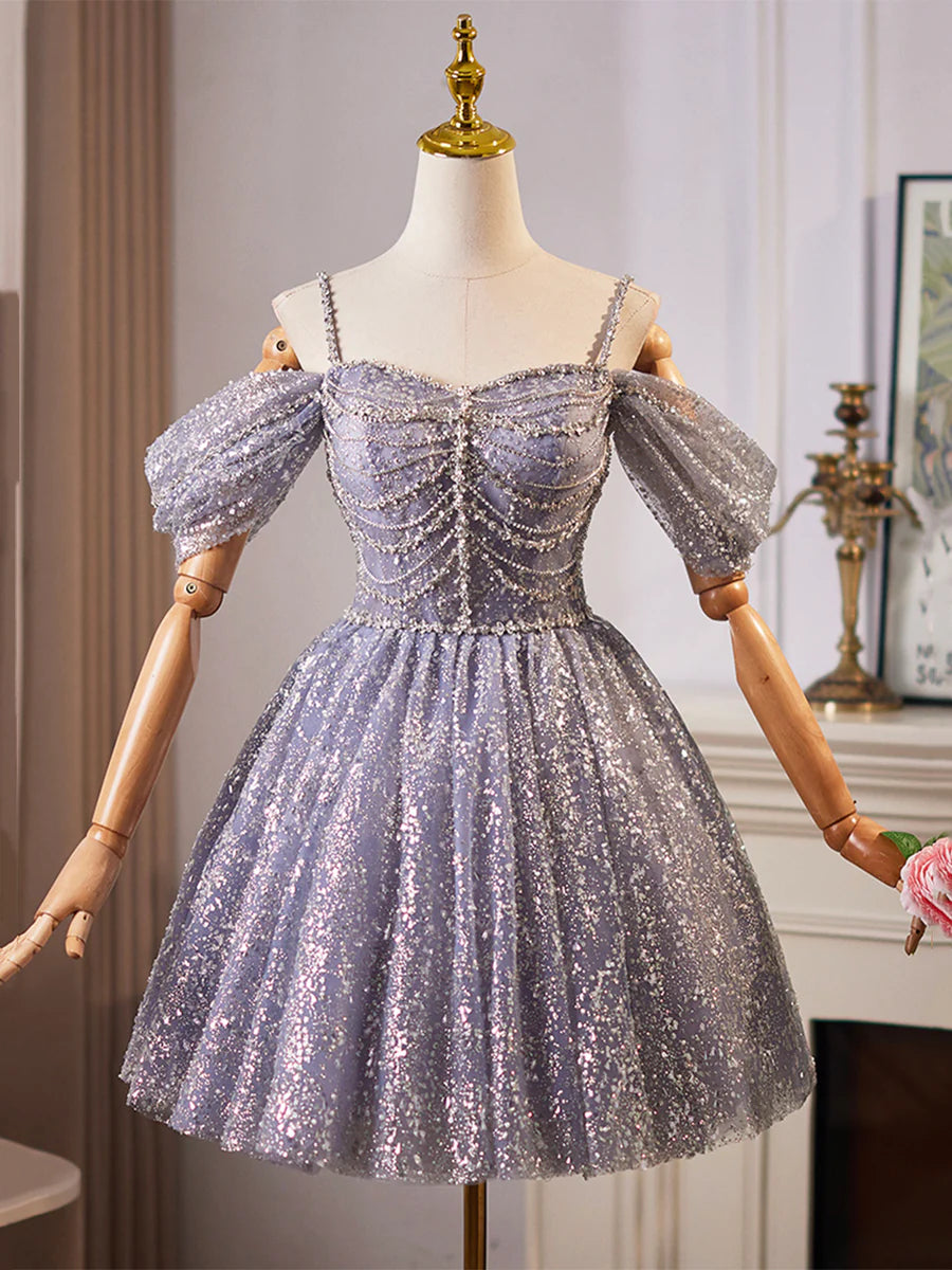 Shiny Tulle Sequins Knee Length Prom Dress, A-Line Off the Shoulder Evening Party Dress TP776