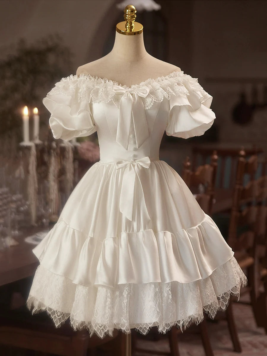 White Satin Lace Knee Length Prom Dress, A-Line Off the Shoulder Evening Party Dress TP779