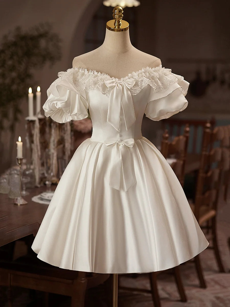 White Satin Off the Shoulder Party Dress, Lovely A-Line Short Sleeve Evening Dress TP780