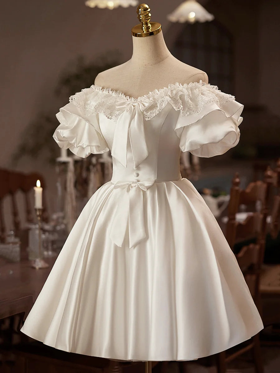 White Satin Off the Shoulder Party Dress, Lovely A-Line Short Sleeve Evening Dress TP780