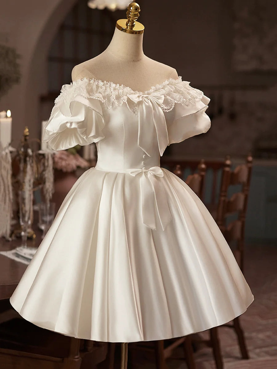 White Satin Off the Shoulder Party Dress, Lovely A-Line Short Sleeve Evening Dress TP780