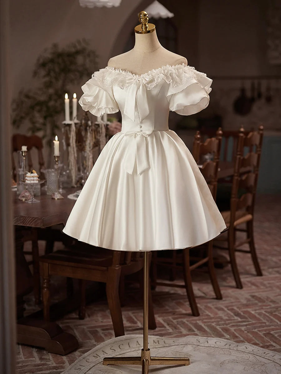 White Satin Off the Shoulder Party Dress, Lovely A-Line Short Sleeve Evening Dress TP780