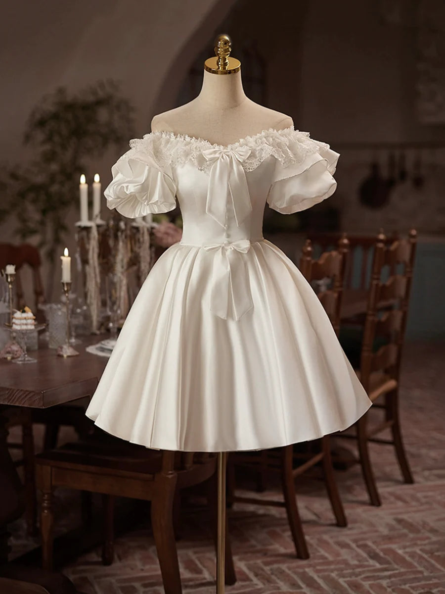 White Satin Off the Shoulder Party Dress, Lovely A-Line Short Sleeve Evening Dress TP780