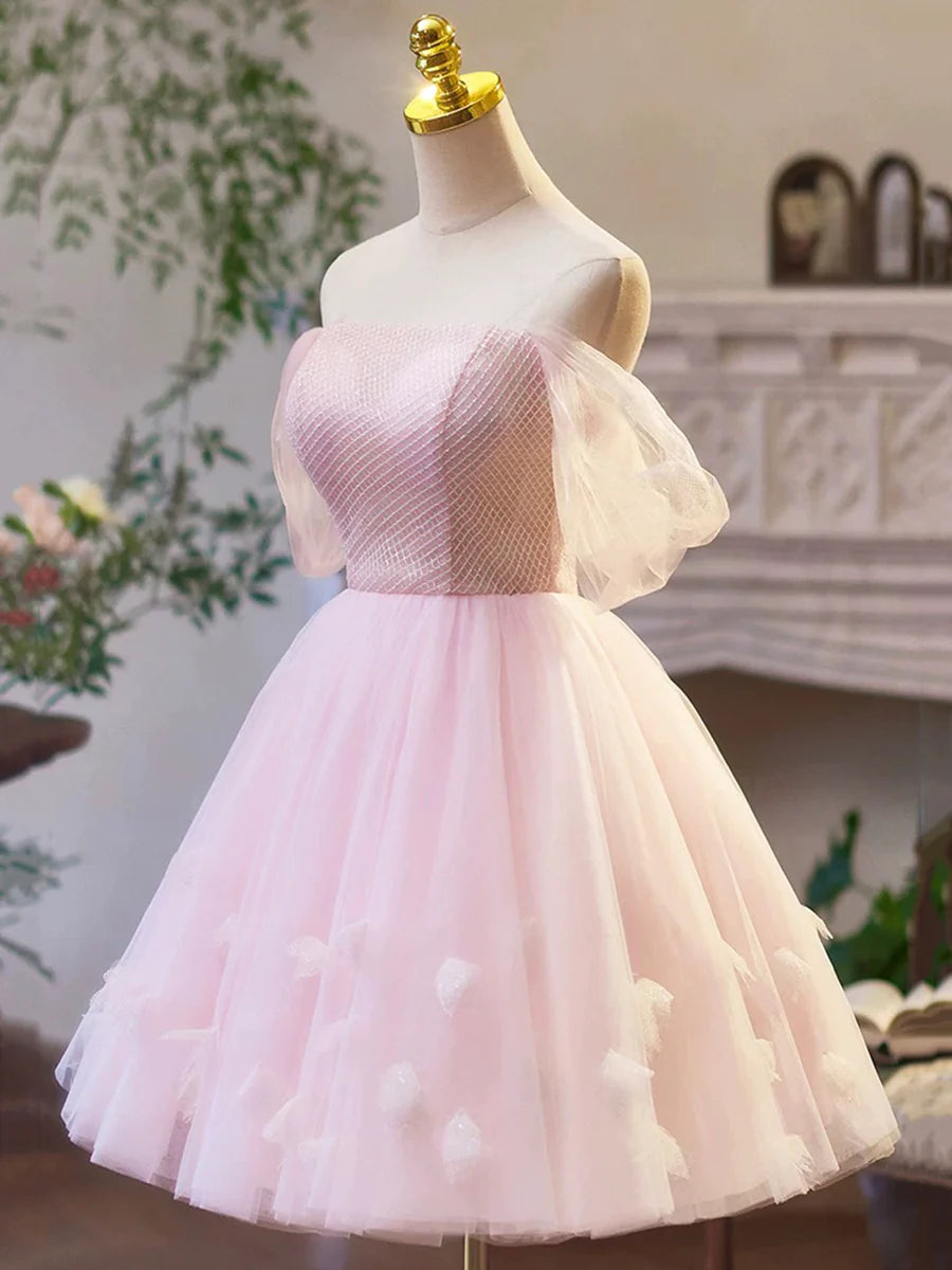 Pink Tulle Off the Shoulder Party Dress, A-Line Knee Length Evening Dress TP781