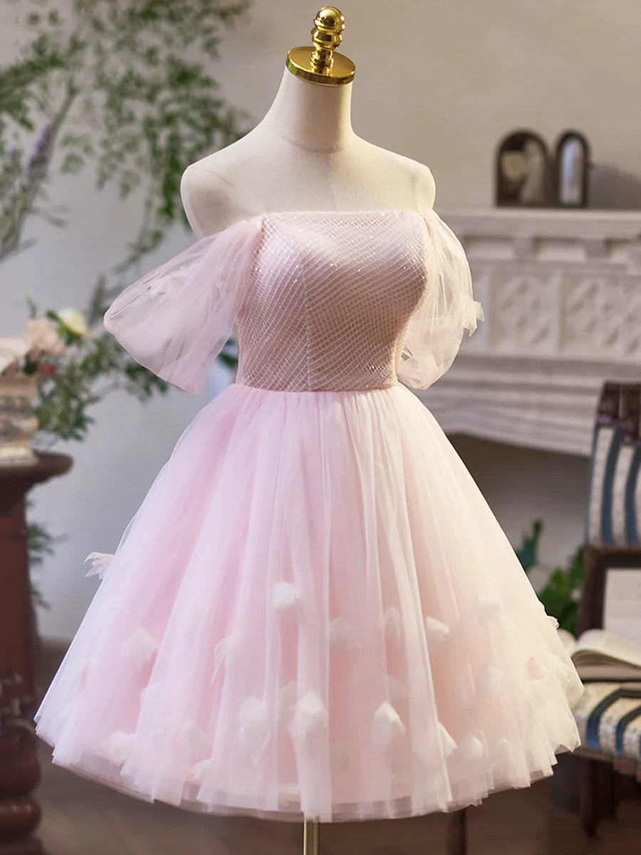 Pink Tulle Off the Shoulder Party Dress, A-Line Knee Length Evening Dress TP781