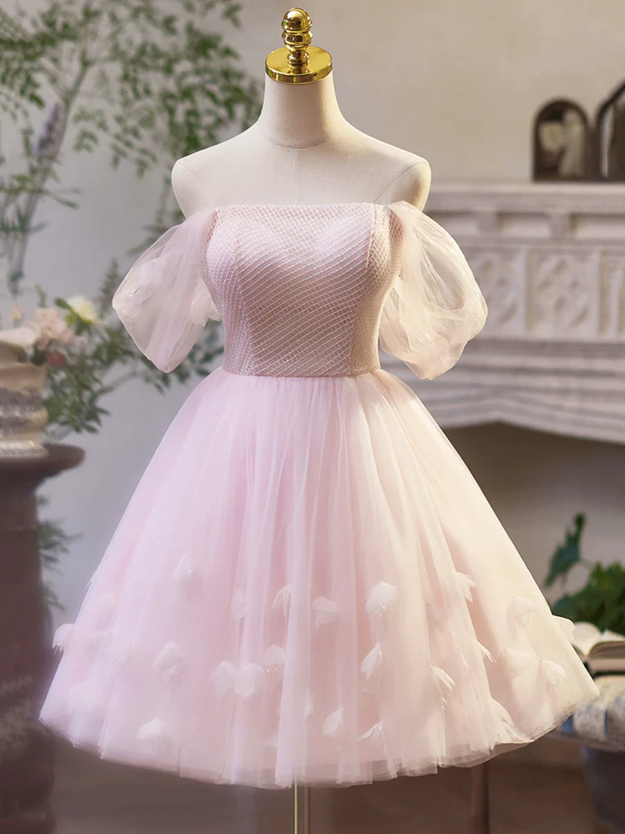 Pink Tulle Off the Shoulder Party Dress, A-Line Knee Length Evening Dress TP781