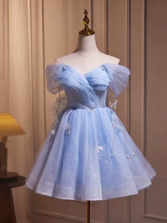 Blue Tulle Short A-Line Prom Dress, Lovely Off the Shoulder Party Dress TP783