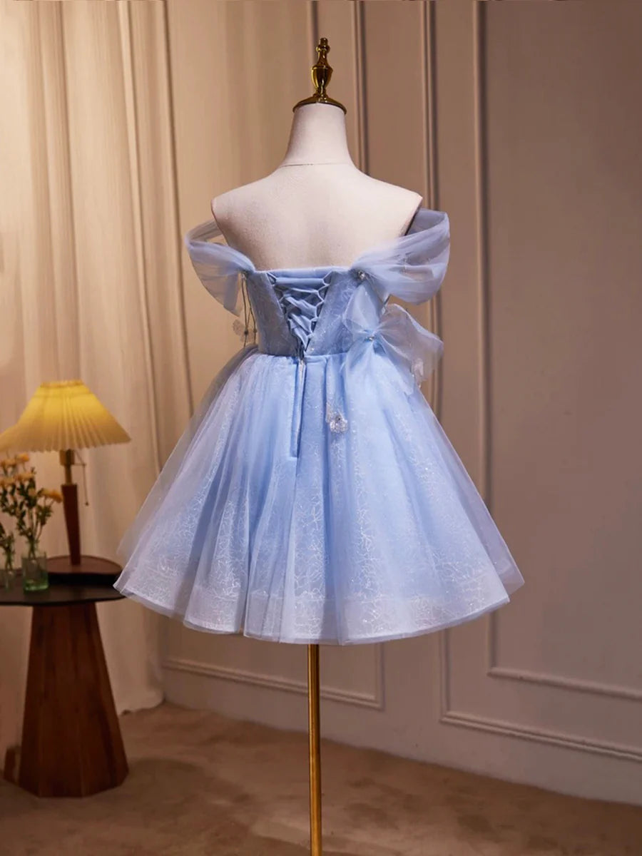 Blue Tulle Short A-Line Prom Dress, Lovely Off the Shoulder Party Dress TP783