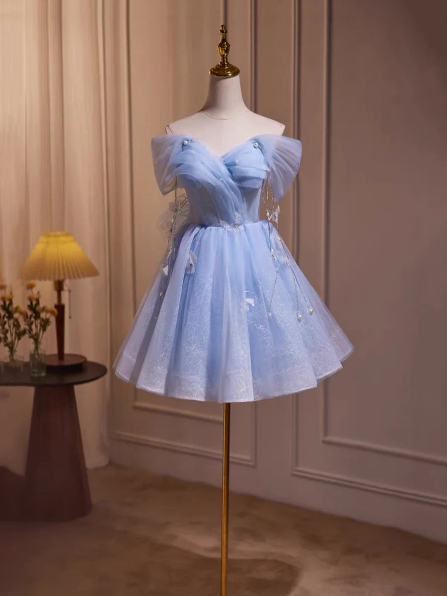 Blue Tulle Short A-Line Prom Dress, Lovely Off the Shoulder Party Dress TP783