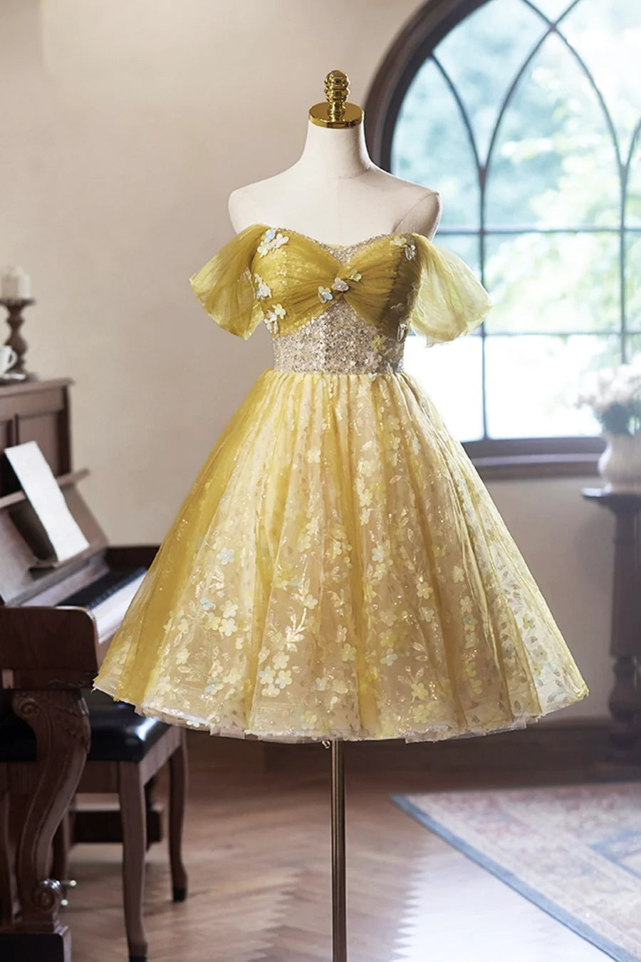 Yellow Floral Tulle Knee Length Prom Dress, Lovely A-Line Off the Shoulder Evening Party Dress TP786