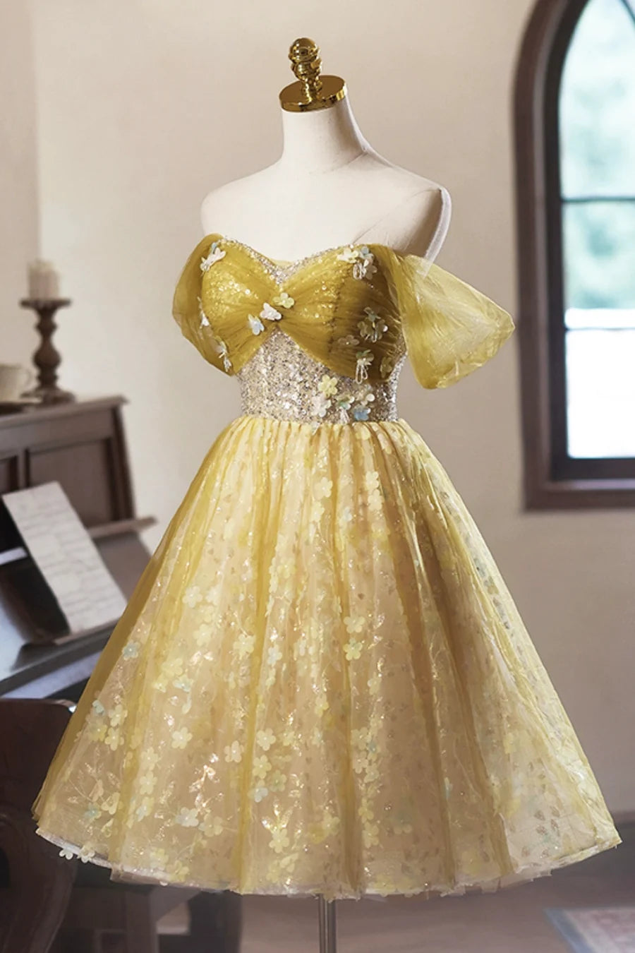 Yellow Floral Tulle Knee Length Prom Dress, Lovely A-Line Off the Shoulder Evening Party Dress TP786