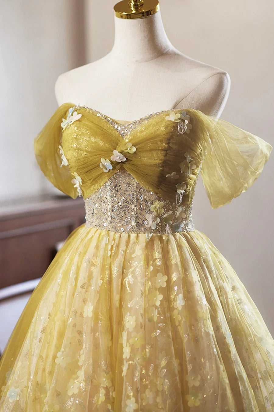 Yellow Floral Tulle Knee Length Prom Dress, Lovely A-Line Off the Shoulder Evening Party Dress TP786