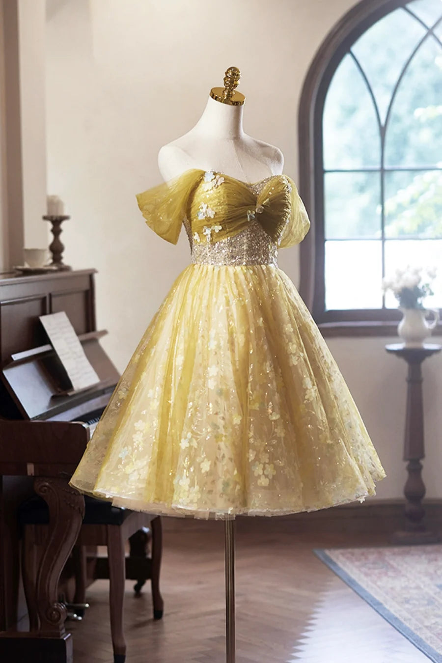 Yellow Floral Tulle Knee Length Prom Dress, Lovely A-Line Off the Shoulder Evening Party Dress TP786