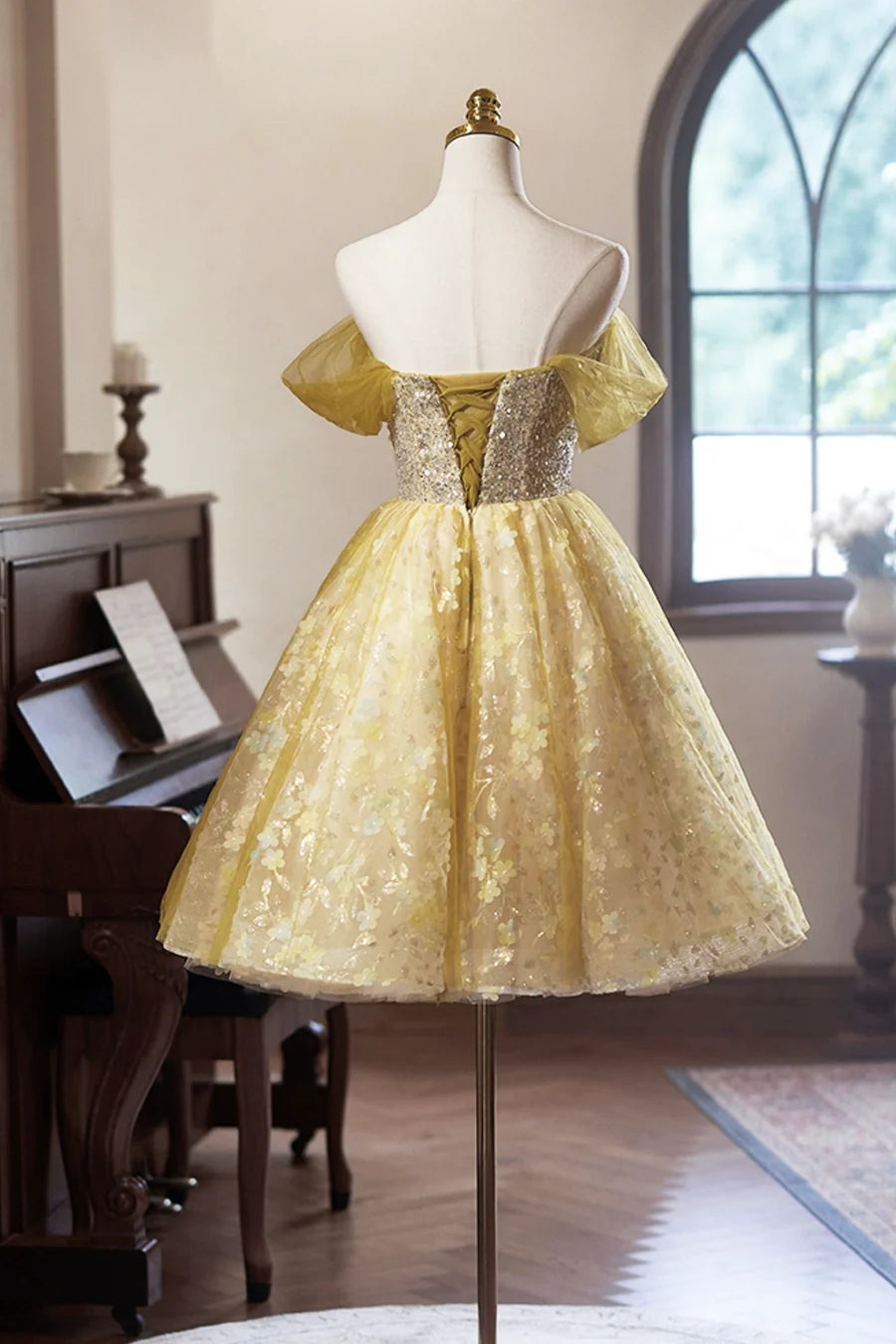 Yellow Floral Tulle Knee Length Prom Dress, Lovely A-Line Off the Shoulder Evening Party Dress TP786