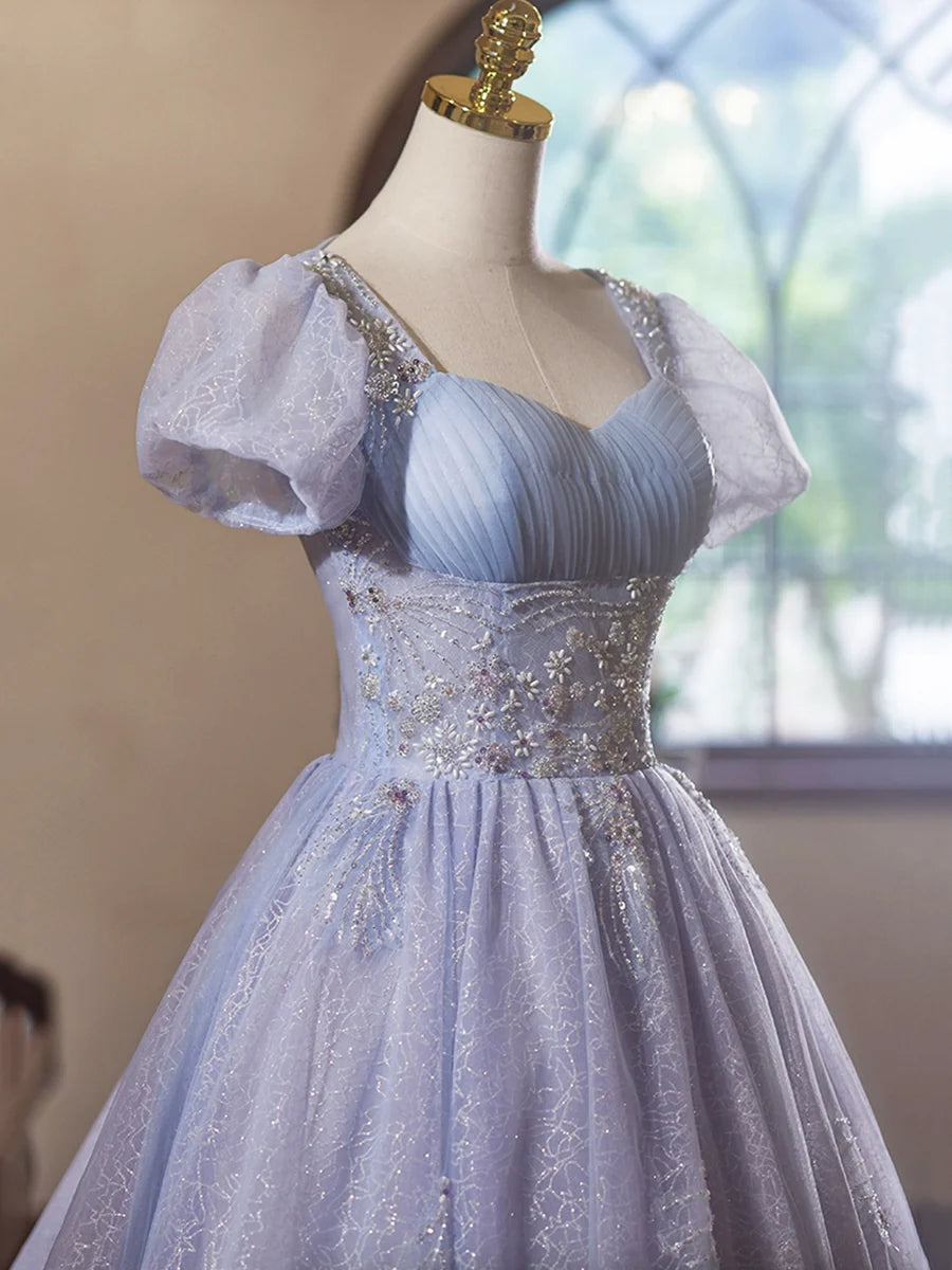 Light Purple Tulle Short Sleeves Homecoming Dress, Beautiful Knee Length Prom Party Dress TP787