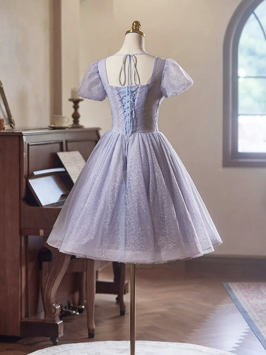 Light Purple Tulle Short Sleeves Homecoming Dress, Beautiful Knee Length Prom Party Dress TP787