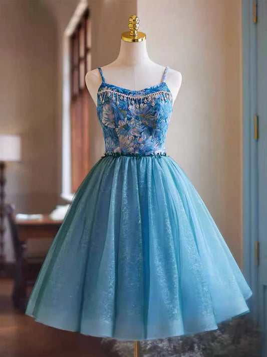 Blue Rhinestone Printing and Tulle Short Homecoming Dress, Beautiful Spaghetti Straps Sleeveless Backless Party Dress TP789