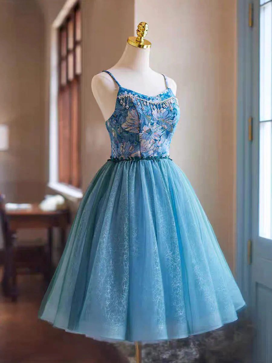 Blue Rhinestone Printing and Tulle Short Homecoming Dress, Beautiful Spaghetti Straps Sleeveless Backless Party Dress TP789