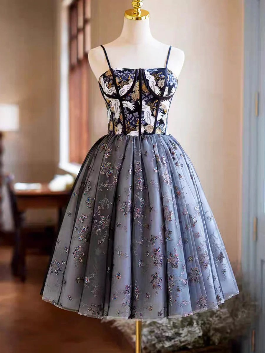 Black Printing Sequins Party Dress, Spaghetti Straps Sleeveless Backless Short Formal Dress TP790