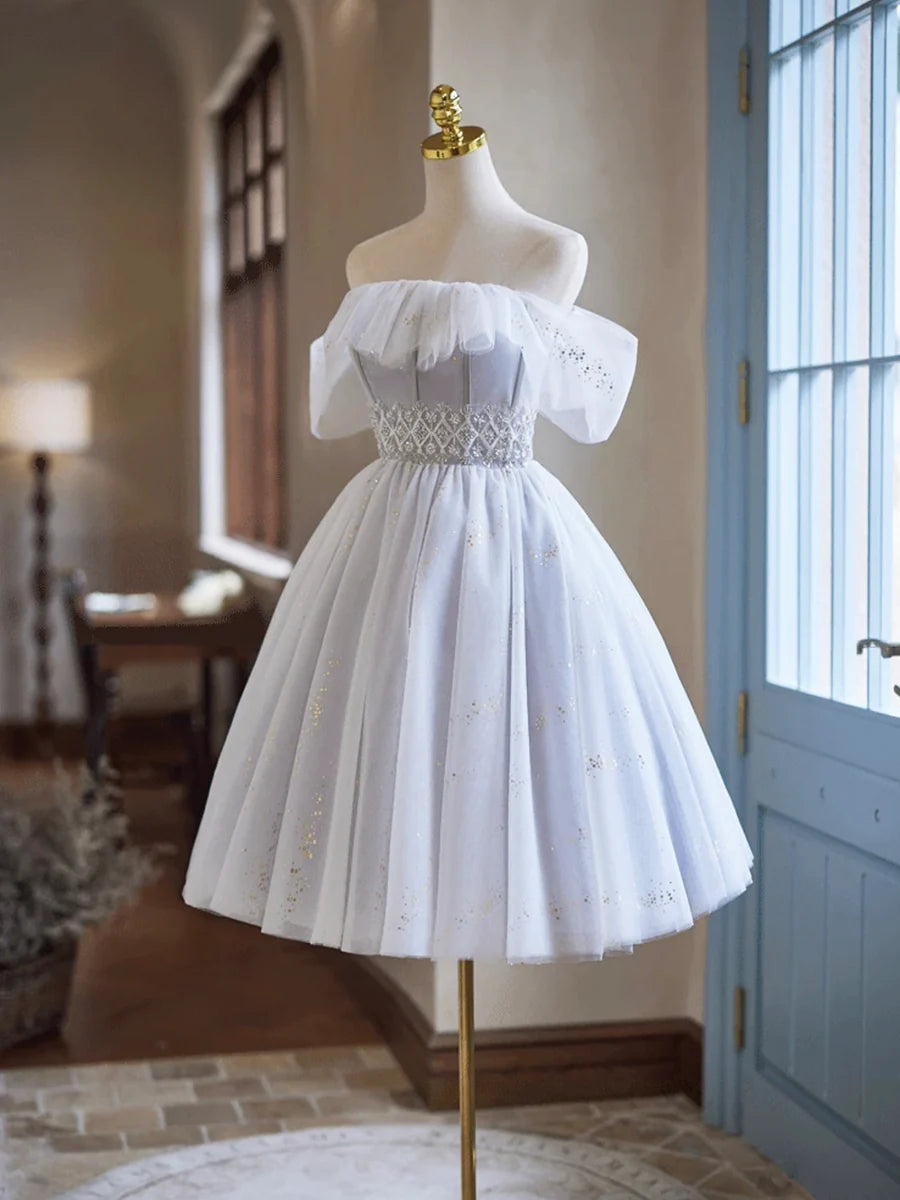 White Tulle Sequins Short Homecoming Dress, Lovely Off the Shoulder Evening Party Dress TP792