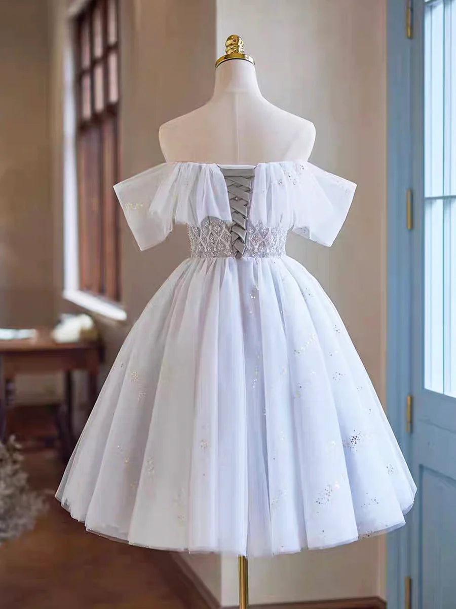 White Tulle Sequins Short Homecoming Dress, Lovely Off the Shoulder Evening Party Dress TP792