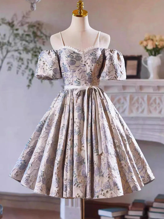 Lovely Gray Sequins Printing Bow Sash Party Dress, A-Line Spaghetti Strap Short Sleeve Prom Dress TP793