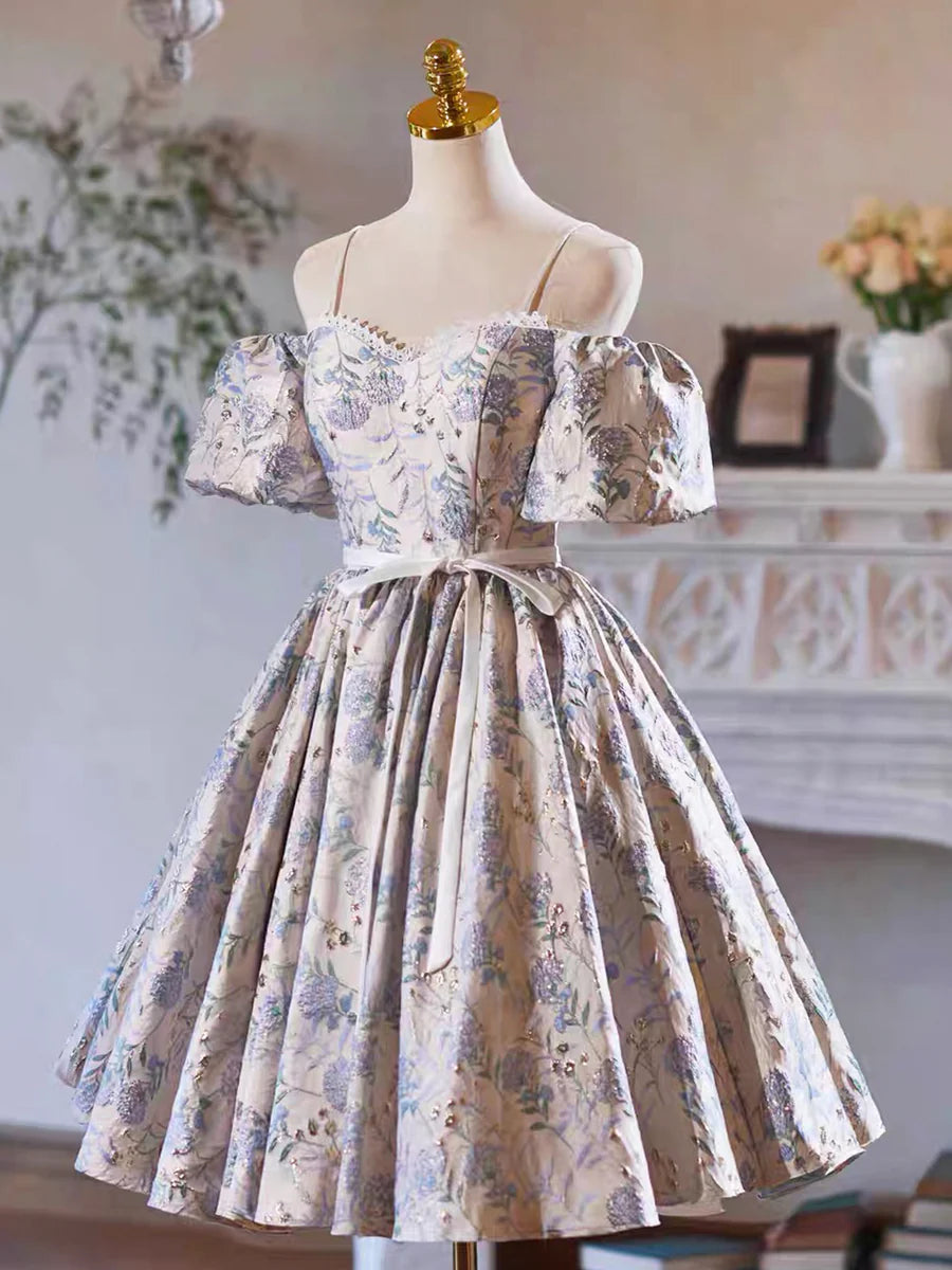 Lovely Gray Sequins Printing Bow Sash Party Dress, A-Line Spaghetti Strap Short Sleeve Prom Dress TP793