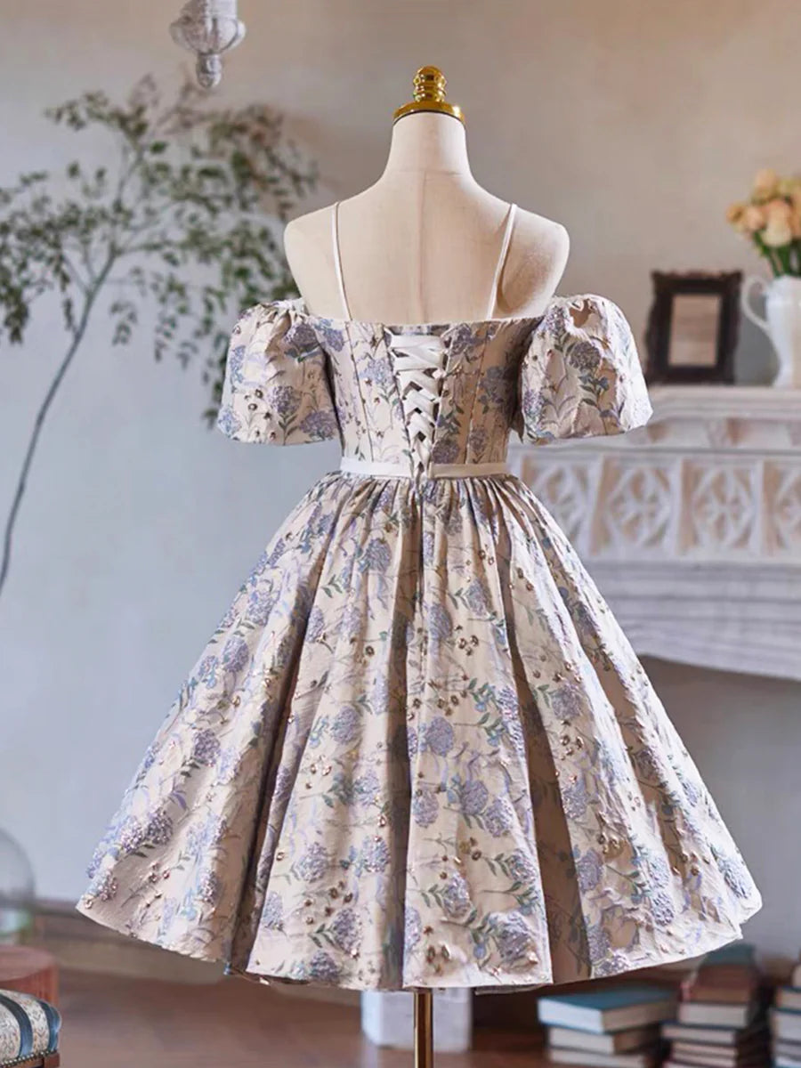 Lovely Gray Sequins Printing Bow Sash Party Dress, A-Line Spaghetti Strap Short Sleeve Prom Dress TP793