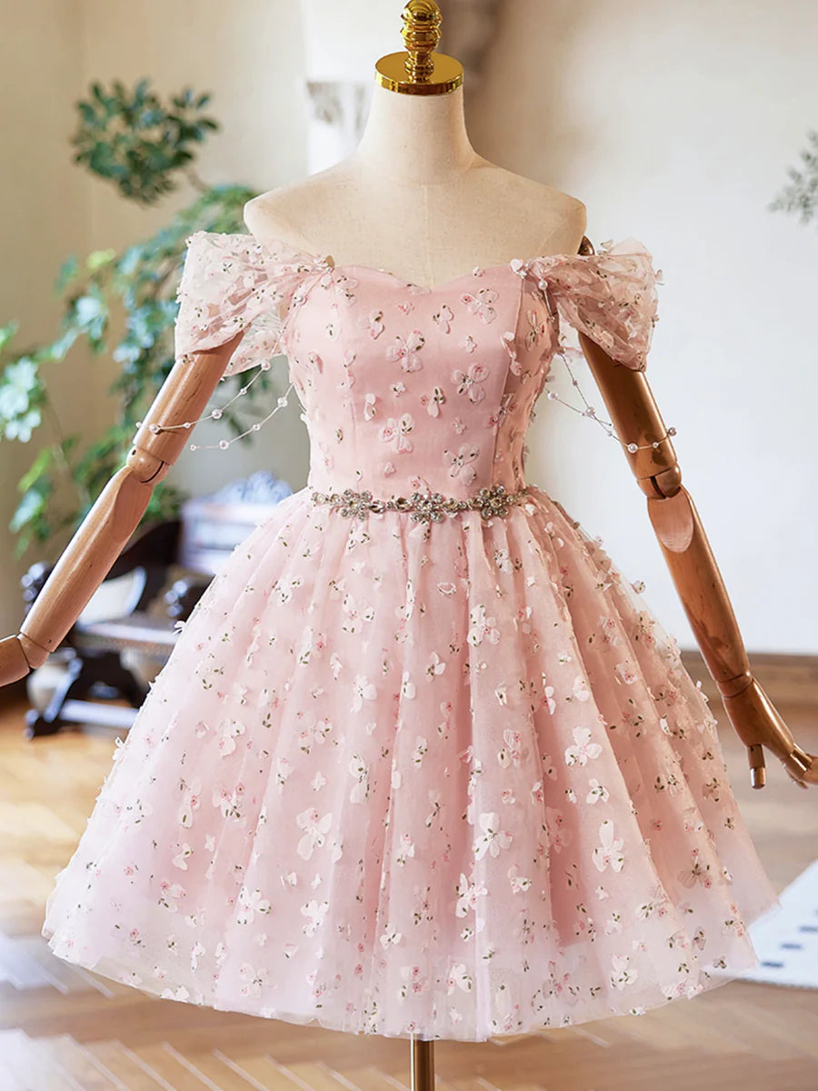 Pink Tulle Knee Length Prom Dress, Lovely Off the Shoulder Evening Party Dress TP795