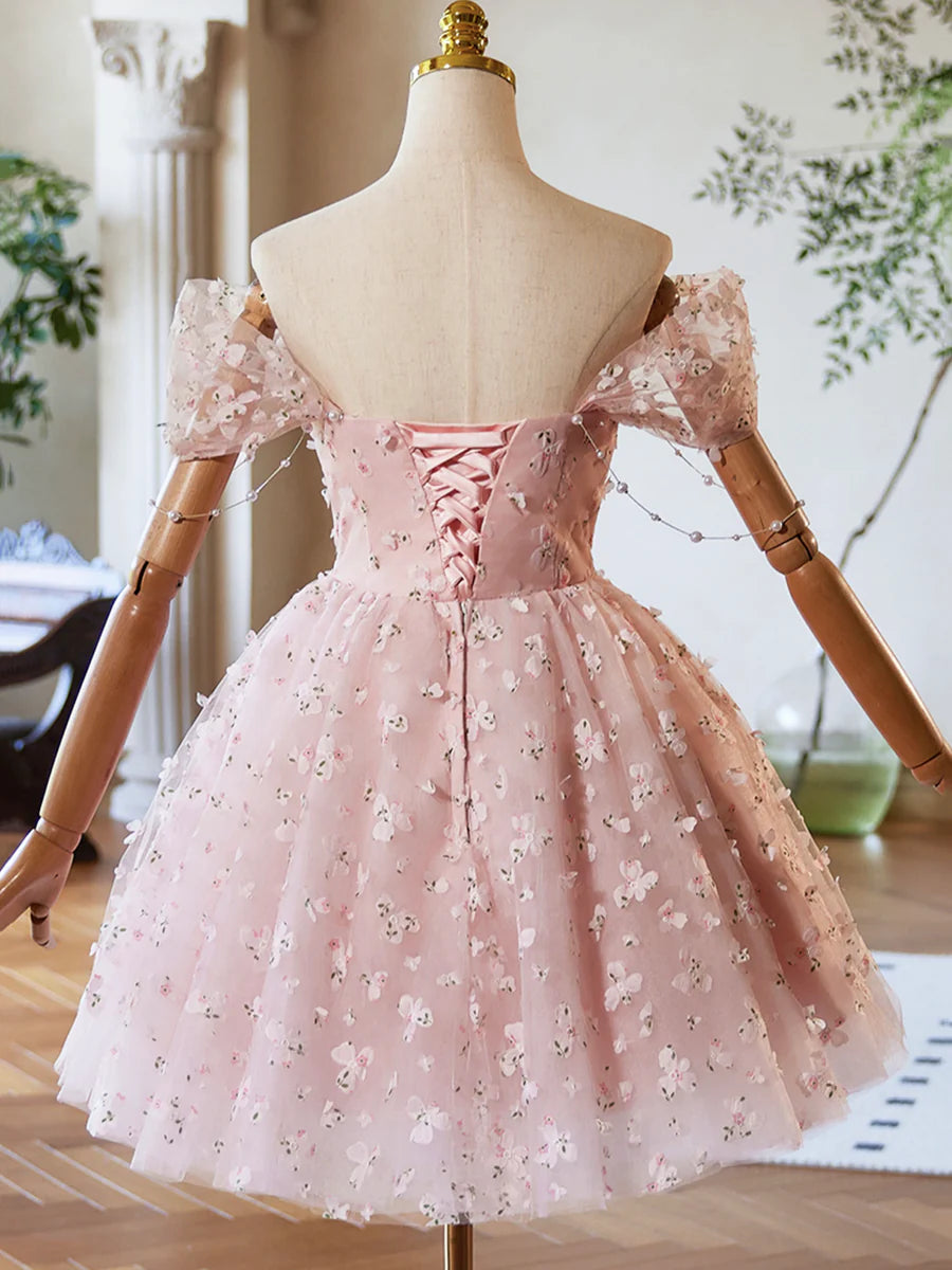 Pink Tulle Knee Length Prom Dress, Lovely Off the Shoulder Evening Party Dress TP795