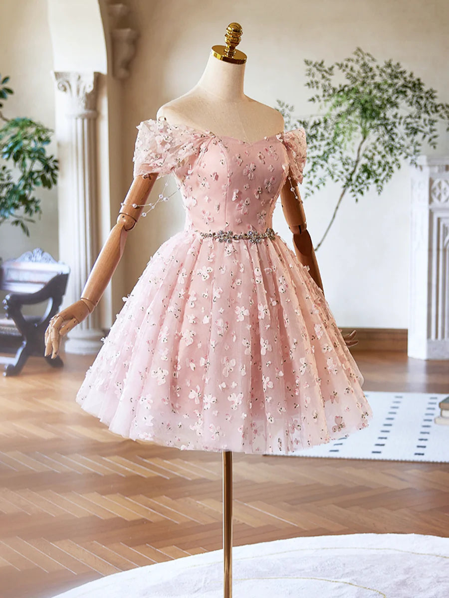 Pink Tulle Knee Length Prom Dress, Lovely Off the Shoulder Evening Party Dress TP795