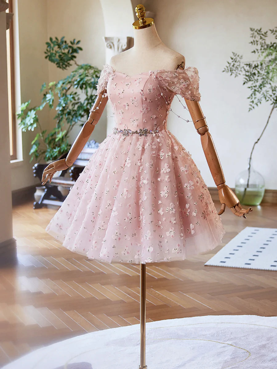 Pink Tulle Knee Length Prom Dress, Lovely Off the Shoulder Evening Party Dress TP795