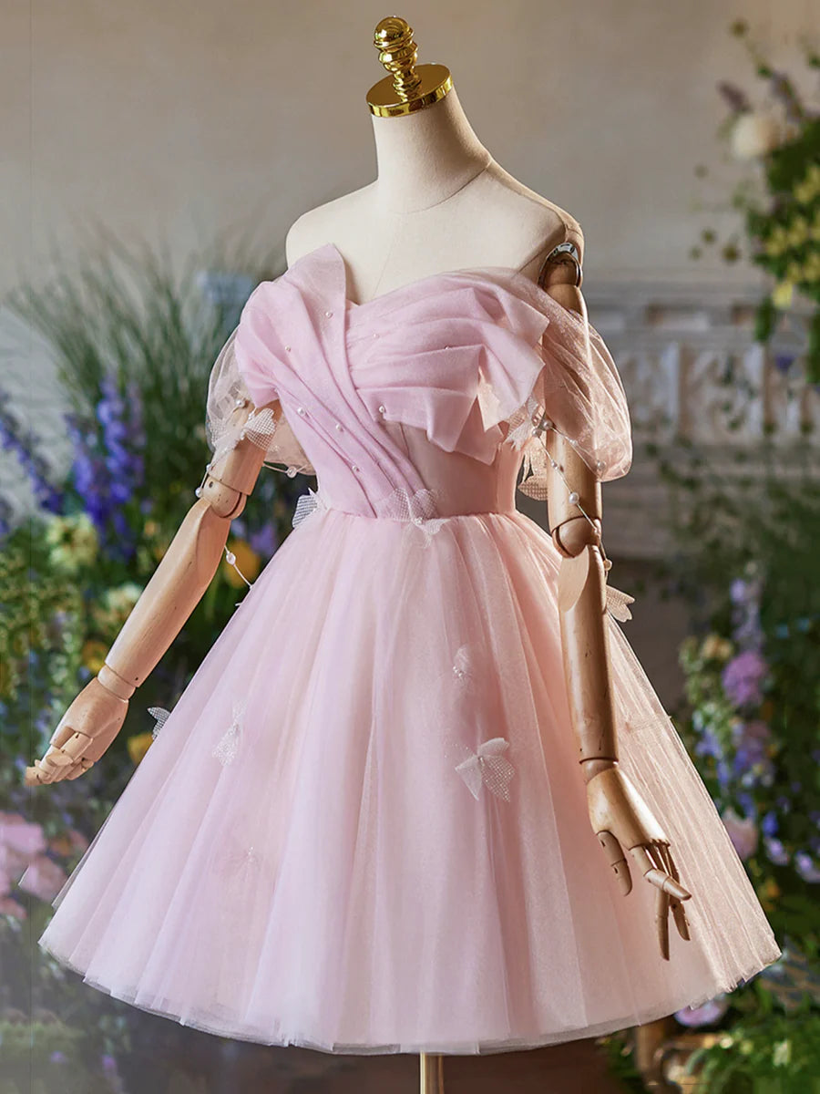 Pink Tulle Knee Length A-Line Party Dress, Lovely Off the Shoulder Prom Dress TP797