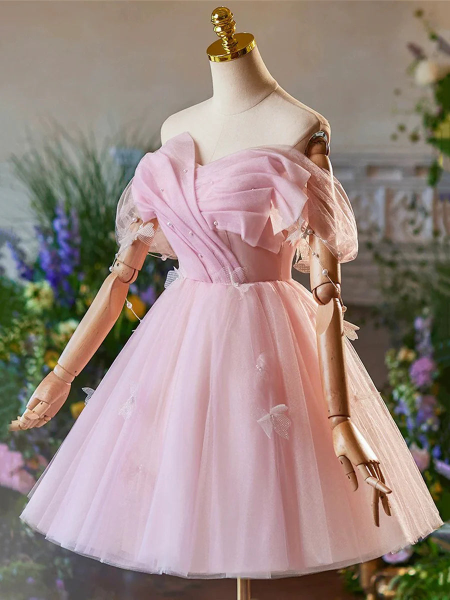 Pink Tulle Knee Length A-Line Party Dress, Lovely Off the Shoulder Prom Dress TP797