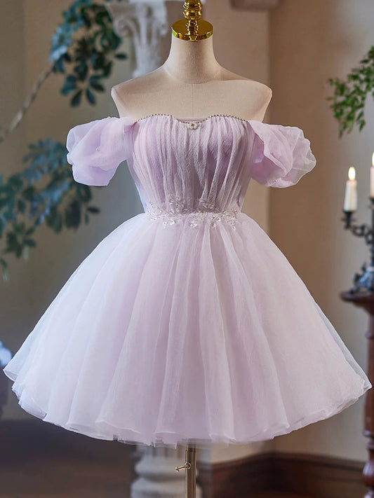 Purple Tulle Short A-Line Party Dress, Lovely Off the Shoulder Evening Dress TP799