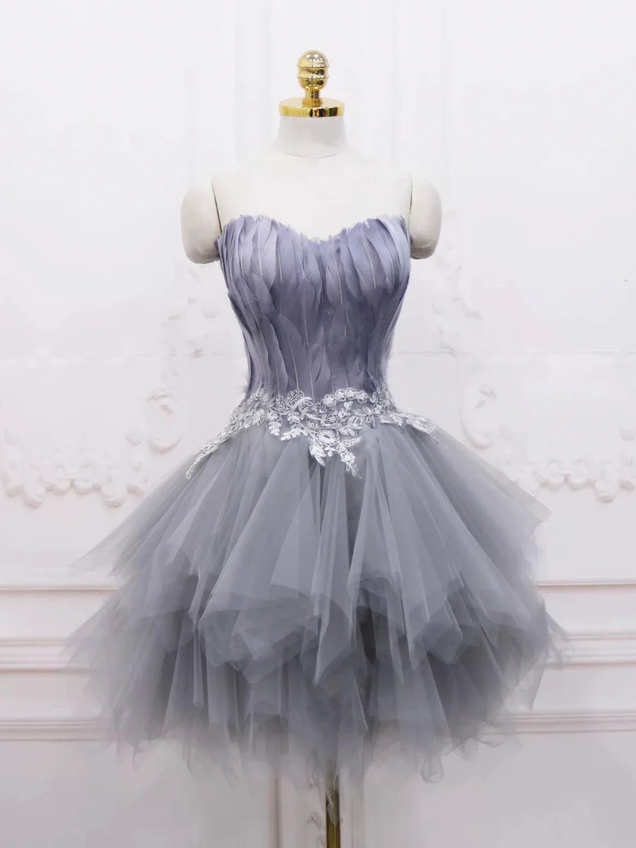 Gray Sweetheart Neck Short Prom Dress, A Line Party Dress with Feather TP802