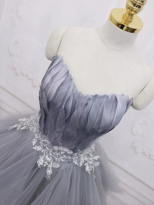 Gray Sweetheart Neck Short Prom Dress, A Line Party Dress with Feather TP802