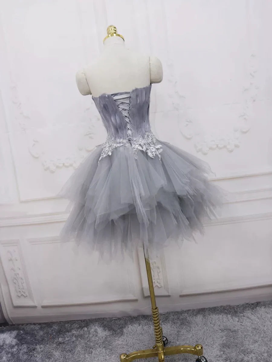 Gray Sweetheart Neck Short Prom Dress, A Line Party Dress with Feather TP802