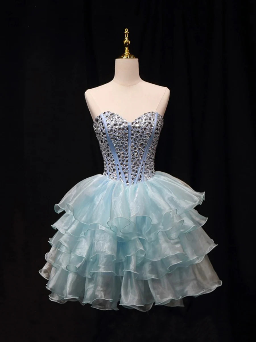 Blue Tulle Crystal Short Party Dress, A-Line Strapless Evening Party Dress TP803