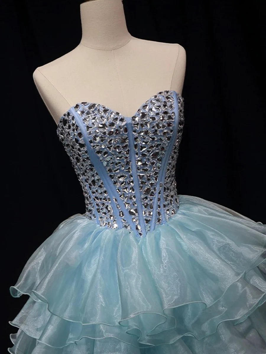 Blue Tulle Crystal Short Party Dress, A-Line Strapless Evening Party Dress TP803